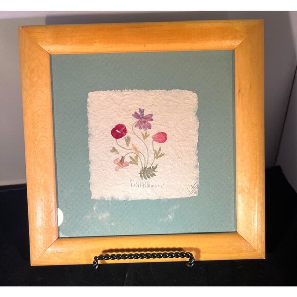 Light Wooden Framed Light Green Mat Pressed Flower Art "Wildflowers" Signed By S - Picture 2 of 6